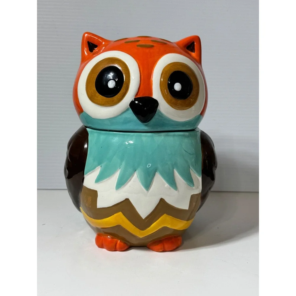 Ceramic Owl Cookie Jar Orange Brown Teal Glossy Fall Decor 9.75in H